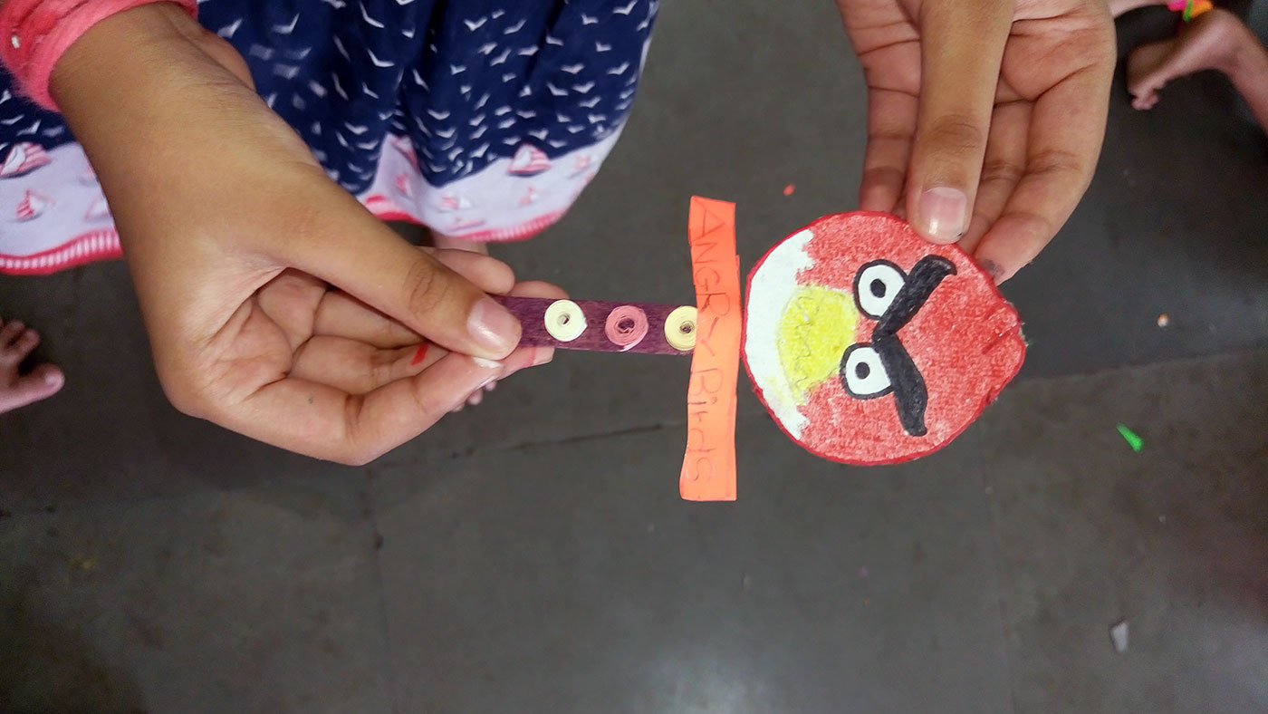 An angry bird bookmark made by a child during the summer workshop